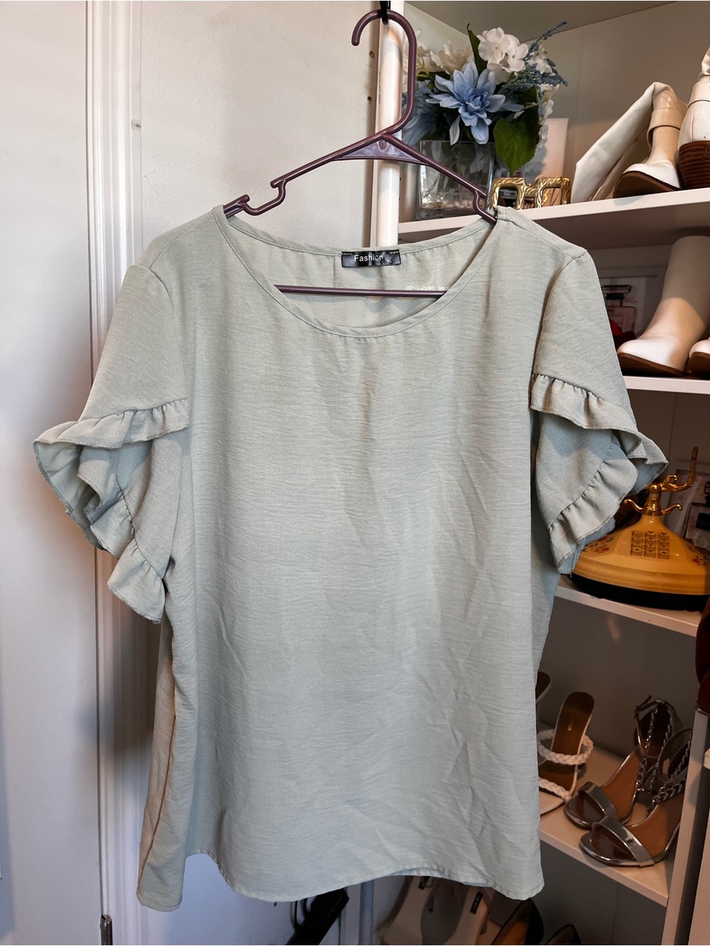 Fashion Sage Green Ruffle Sleeve Top